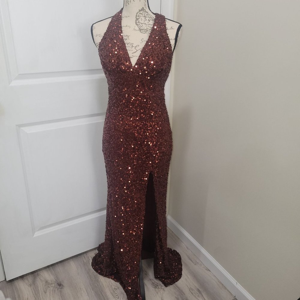 B. Darlin Sequin copper embellished split him mermaid style ball gown size 3/4 - Picture 5 of 16